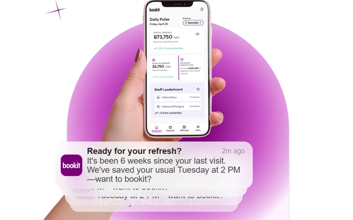 Bookit App on a phone: daily revenue pulse, cash in drawer, staff leaderboard, and a re-booking reminder notification