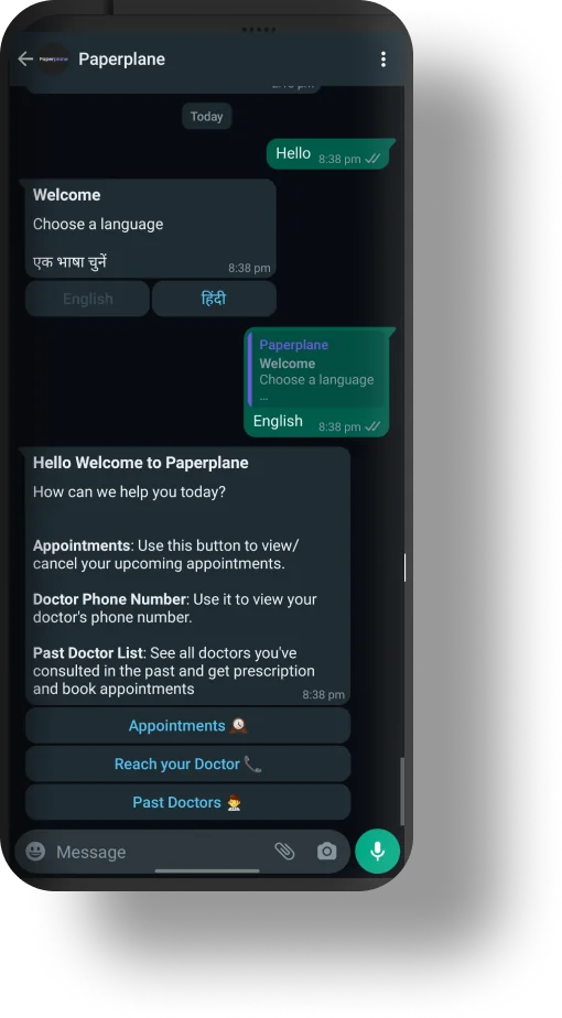 Paperplane WhatsApp clinic chat on a phone